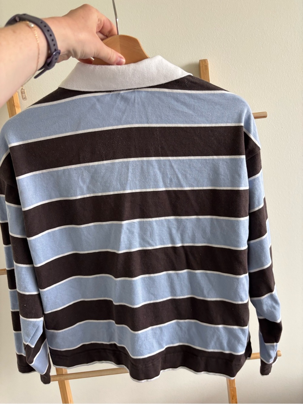 Madewell Women's Striped Rugby Polo in Light Blue & Black with White Collar - Picture 4 of 4